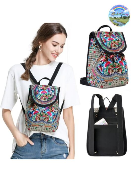 Embroidered Boho Mini Backpack Purse Water-Resistant Canvas Travel Daypack main image 5